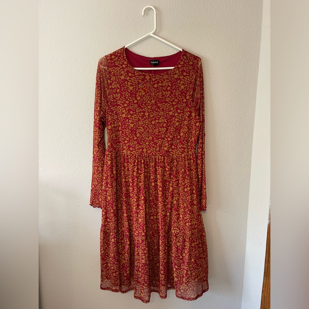 TORRID Long Sleeve Burgundy and Gold Dress Size 0